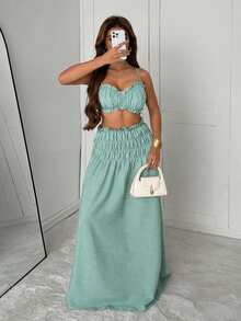 Slaydiva 春夏度假、海滩、优雅、浪漫、性感、派对、约会、生日派对、休闲优雅、吊带背心搭配三段式拼接长裙、褶皱面料女士套装 - A - 綠色 - 查看 6