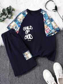 2pcs/Set Boys' Oversized Korean Style Loose Fit Letter & Colorblock "Child Of God" Print T-Shirt And Shorts Casual Outfit - Navy Blue - View 4