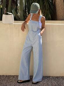 DAZY Bộ áo liền quần nữ kẻ sọc, quần yếm denim dáng rộng và áo liền quần - Rửa nhẹ - Xem 2