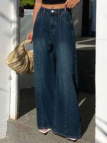 DAZY 女士常规中腰筒形裤腿宽松牛仔裤休闲街头裤 - 中等水洗藍 - 查看 9