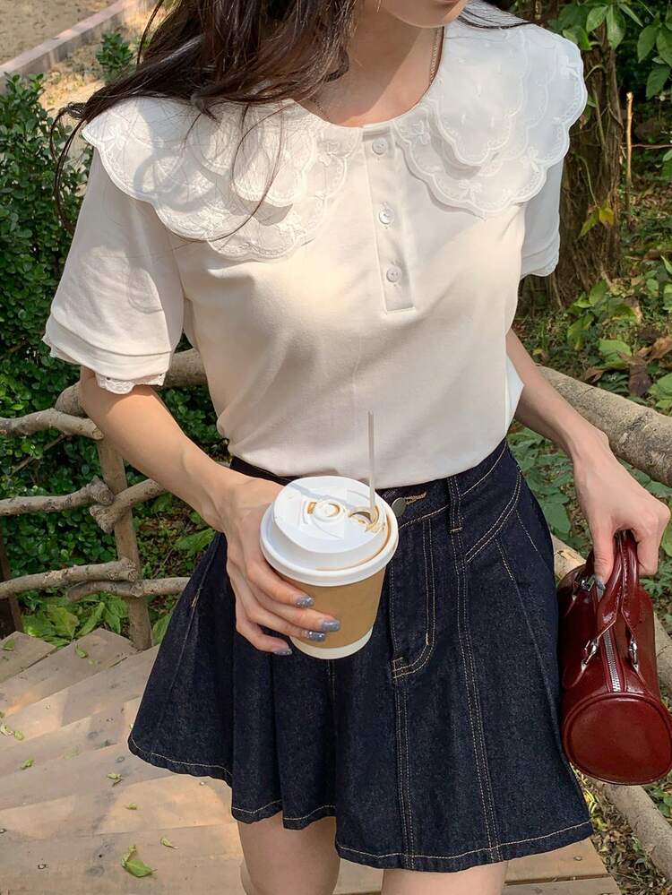 Women's Peter Pan Collar Short Sleeve Lace Patchwork Loose Elegant Casual T-Shirt Summer