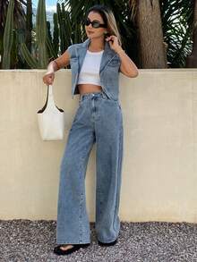 DAZY Bộ đồ nữ gồm áo gile denim có cổ và quần jeans ống đứng dáng rộng, trang phục denim bạc màu thường ngày. - Rửa nhẹ - Xem 3