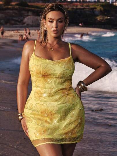 SHEIN BAE Vestido camisola plus size feminino com bordado de lantejoulas e costas nuas