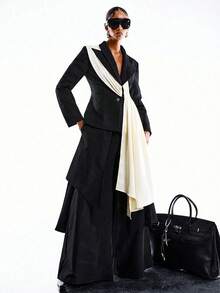 LYSMO Áo khoác blazer dài tay nữ thiết kế phối màu tương phản với ruy băng - màu đen - Xem 7