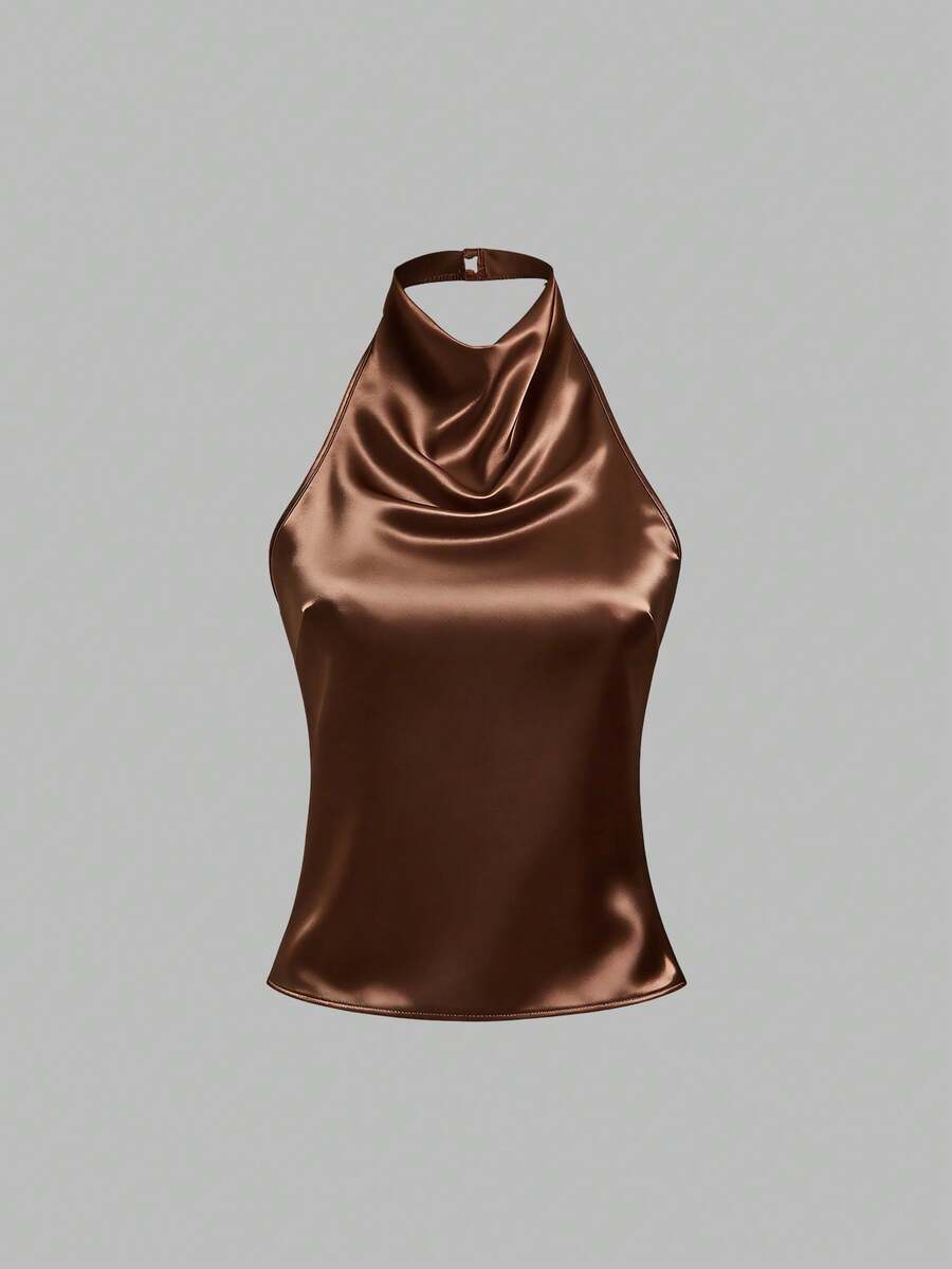 Sweetra Backless Tie Strap Sleeveless Minimalist Design Summer Camisole - Brown - View 1