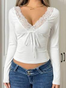 SHEIN EZwear 女士白色撞色蕾丝长袖修身针织T恤，适合情人节穿着 - 白色 - 查看 4