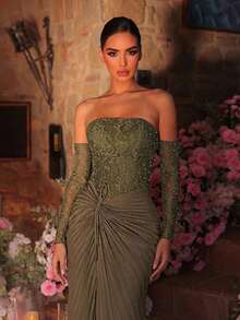 Glamrae 优雅橄榄绿波浪形串珠蕾丝缎面拼接无肩带薄纱长袖鱼尾高开衩长裙，适合约会、婚礼、派对、晚宴、度假等场合。 - 橄欖綠 - 查看 2