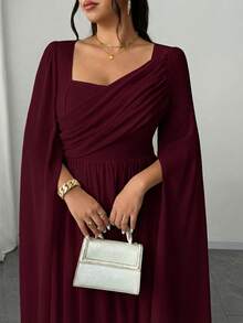 Elenzga 大码女士优雅浪漫雪纺飘逸法式方领长袖收腰A字长裙，适合毕业典礼、派对、婚礼宾客等场合，酒红色正式女士连衣裙，优雅经典款 - 酒紅色 - 查看 5