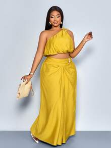 SOLERSUN Plus Size Sexy And Elegant Polka Dot Two Pieces Set, Off-Shoulder Top, Long Skirt, Faux Linen Casual Yellow Suit, Perfect For Commuting And Vacation, Spring/Summer Women's Wear,Quiet Luxury Vacation - Mustard Yellow - View 5