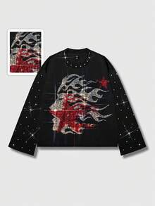ROMWE MEN Street Life Spring/Summer Casual Graphic Men'S Fashion Rhinestone Face & Star Print Long Sleeve T-Shirt, Fall, 2000S Style - Black - View 1