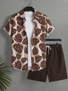Surfspeed Men's Leaf Print Button-Down Short Sleeve Shirt And Drawstring Waist Shorts Casual Beach Outfit, Holiday - Coffee Brown - View 2