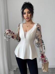 Selianne Women's Elegant Off-White Autumn Dinner Date Shirt,V-Neck Waist Cinched Puff Sleeve Embroidered Mesh Rose Floral Splice, Vacation Outings - Apricot - View 3
