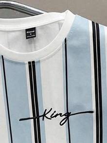 Manfinity Joysei 男士简约条纹图案T恤套装，两件套男士服装，夏季 - 藍色 - 查看 3