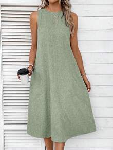 EMERY ROSE 女士休闲纯色无袖连衣裙 - 淺綠色 - 查看 4