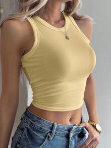 DAZY Women's Cream Yellow Fitted Ribbed Crew Neck Camisole, Summer - Yellow - View 3