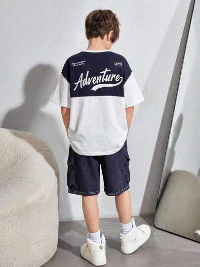 2pcs Tween Boy Comfortable Loose Crew Neck Contrast Splice Short Sleeve T-Shirt And Cargo Shorts Set, Suitable For Summer Casual, Sports, Vacation, Party, School, Fashion Street Style