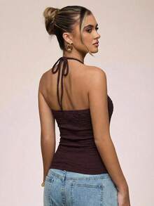 SHEIN BAE Women's Casual Vacation Textured Metal Decor Halter Tie Asymmetrical Hem Halter Top, Suitable For Beach Vacation, Music Festival, Boho Vacation, Beach Travel, Casual Travel, Summer, Brown Textured Top - Coffee Brown - View 2