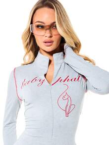 BABYPHAT Women's Long Sleeve High Neck Zip Up Flared Leg Jersey Jumpsuit With Front Print Detail - Light Grey - View 4