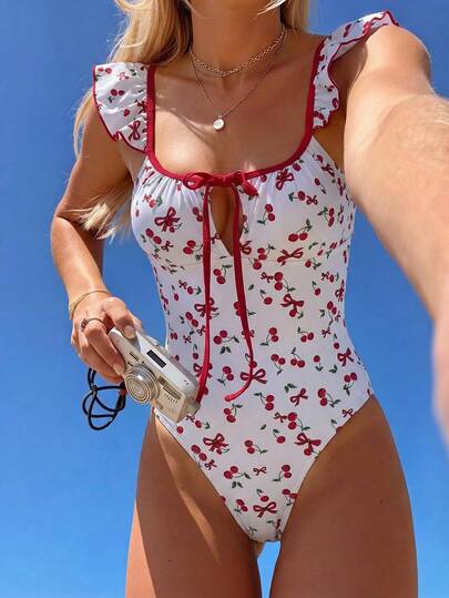 Swim Mod Summer New Multicolor Fruit Cherry Digital Print Ruffle Hem Supportive Modest Beach Vacation One-Piece Swimsuit For Women