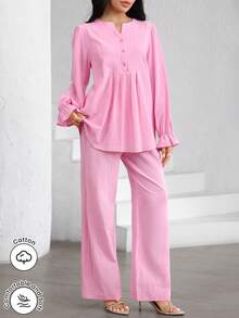 Modelyn 2pcs/Set V-Neck Button Front Cotton Shirt And Elongated Pants Pink Linen Mothers Day - Pink - View 6