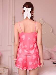 心形印花荷叶边睡衣套装 / 睡衣套装 - 粉色 - 查看 2
