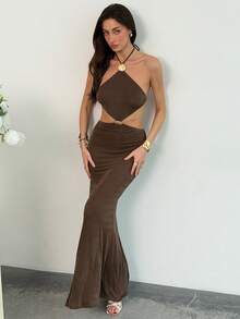 Aloruh 女士露背吊带鱼尾连衣裙 - 咖啡 - 查看 7