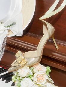 CUCCOO HITCHD Women Stylish Elegant Commuter Rhinestones Pearl Bows Decorated Pointed Pumps - Gold - View 7