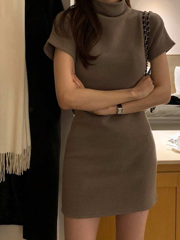 Women's Casual Solid Color Turtleneck Bodycon Mini Dress, Summer Sundress