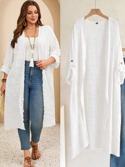 EMERY ROSE Plus Size Women Solid Color Casual Versatile Daily Wear Robe Summer Outfits Summer Clothes Spring Dress Spring Outfit Women Spring Clothing  For Women Beach Vacation Outfits For Women Vacation Dress Bohemian White Blouse White Coat