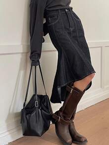 DAZY Falda de tubo de cintura media regular para mujer, falda de línea A de denim elegante - Azul lavado oscuro - Ver 2