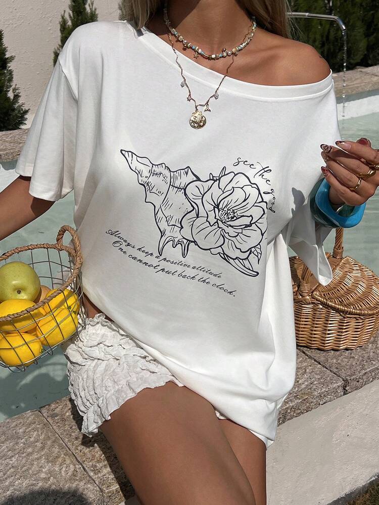 Women's Asymmetric Shoulder Short Sleeve Loose Printed Casual T-Shirt, Vacation & Street Style