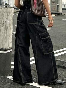 DAZY Women's Low Waist Seam Split Design Decorative Pockets Casual Straight Leg Jeans - Black - View 5