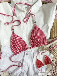 Swim Mod 女士复古红白波点印花双面比基尼上衣，串珠装饰，时尚休闲度假甜美可爱性感 - 紅白色 - 查看 5