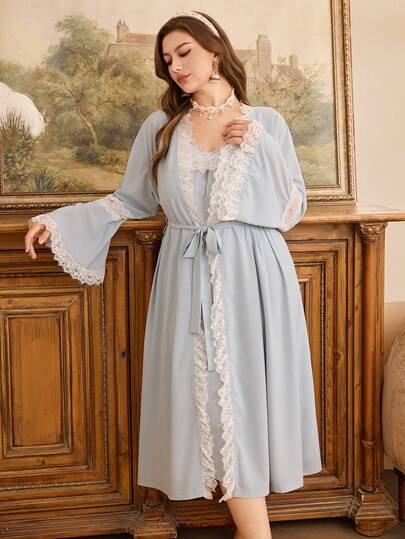 PalaceNights Conjunto de camisón y bata de encaje suave y cómodo de talla grande