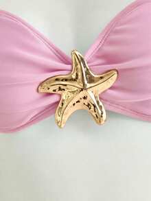 SHEIN Tween Girl Vacation 3pcs Blue Starfish Metal Button Bikini 3 Pieces Set, Beach Holiday Light Pink Two Piece Set Two Piece Bathing Suit Girls Two Piece Bathing Suit Girls Light Pink Mermaid Tail Skirt Long Skirt 2 Piece Set Pink Skirt Set - Pink - View 5