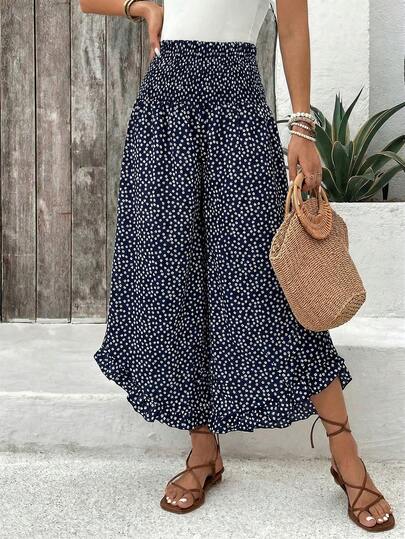 EMERY ROSE Women's Casual Ruffled Hem Black Ditsy Floral Pants For Summer Boho Pants For Women Floral Print Pants Bohemian Pants Flowy Pants For Women Wide Leg Pants Woman