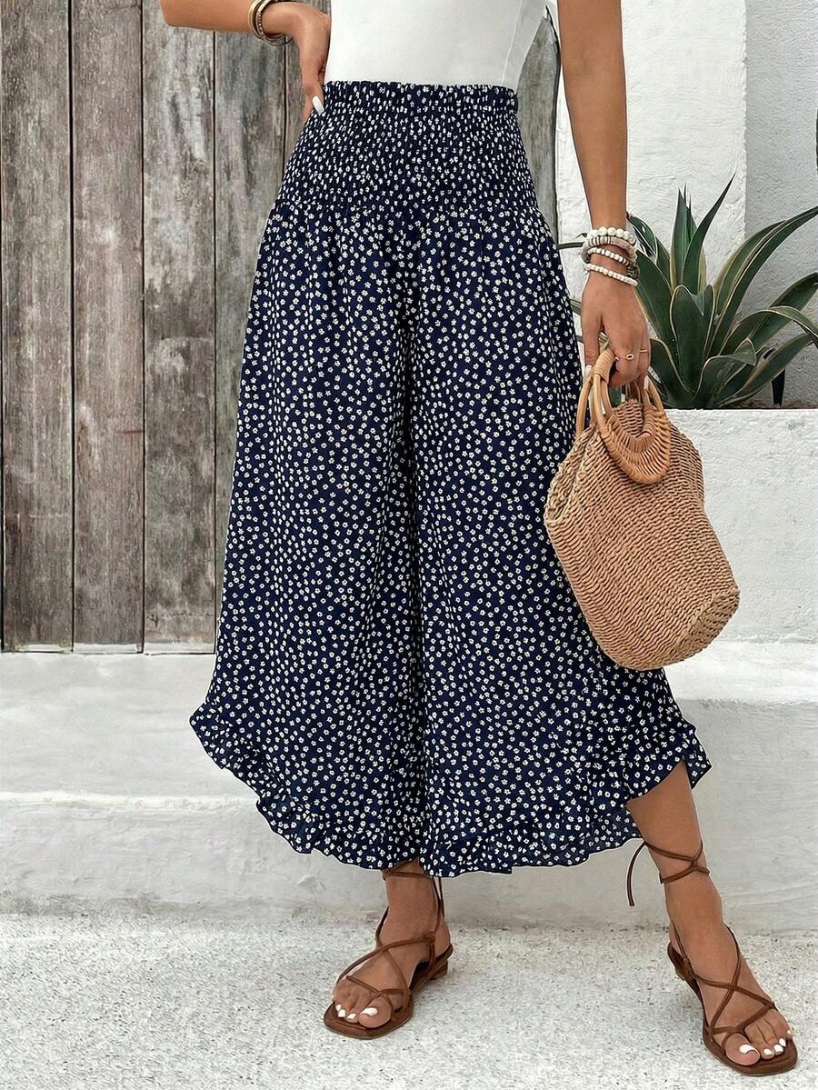 EMERY ROSE Quần dài nữ màu đen họa tiết hoa nhí, gấu quần xếp ly, kiểu dáng thường ngày, thích hợp cho mùa hè. - Màu xanh hải quân - Xem 1