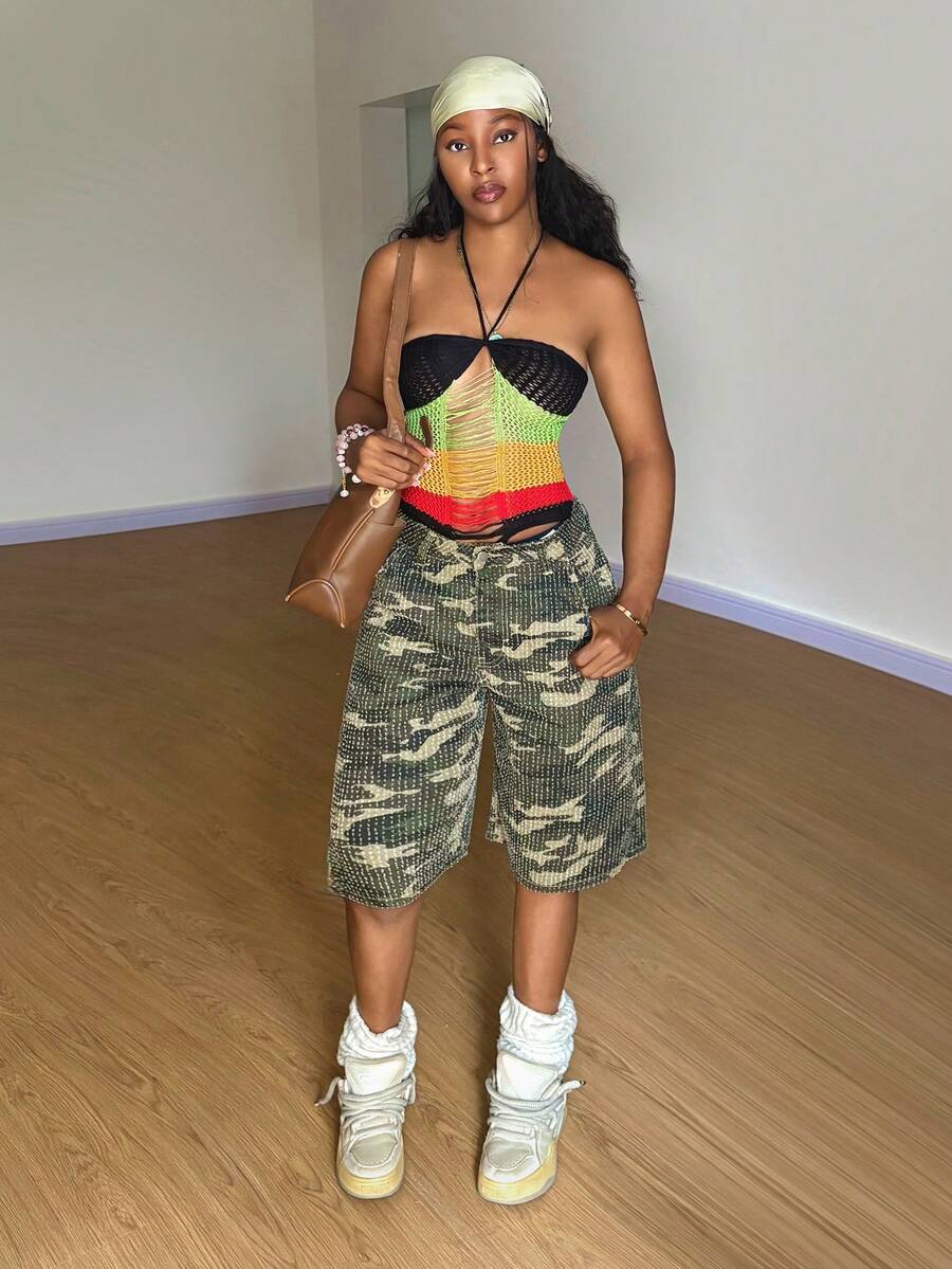 StreetHx Fashionable Casual Sports Street Camo Crochet Low-Waist Denim Capri Pants - Medium Wash - View 1