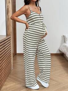 SHEIN Bộ áo liền quần bầu thiết kế cài nút, thắt eo, kiểu dáng thường ngày, có chức năng cho con bú. - Màu be - Xem 8