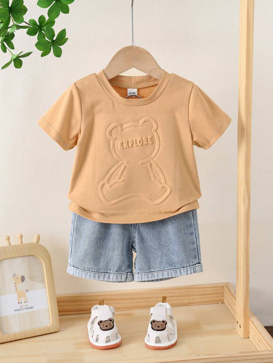 SHEIN 男婴夏季休闲可爱小熊图案T恤和蓝色牛仔短裤两件套，夏季服装 - 彩色 - 查看 1