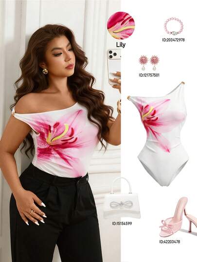 Femmeverse Plus Size Women's Asymmetric Shoulder Casual Bodysuit With Metal Decor And Ruffle Design, Fitted
