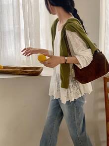 DAZY Women's Lace Ruffle Trim Long Sleeve Blouse - White - View 7