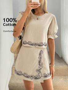 Easowa 圆领泡泡袖荷叶边灯笼袖蝴蝶结露背露脐短袖衬衫和不对称下摆短裤套装，100%纯棉，刺绣，休闲，轻松，优雅，通勤，复古风，春夏女装两件套，刺绣女装套装，女装两件套，休闲女装，流行女装，优质女装，亚麻两件套，女装夏季两件套，新款两件套，刺绣半身裙套装，女装两件套 - 杏色 - 查看 5