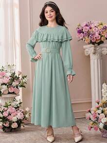 SHEIN Pitira Teen Girls Ruffle Trim Flounce Sleeve Belted Dress Graduation Dress - Mint Green - View 6