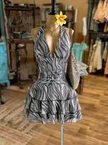 Franclia 针织弹力面料复古扎染斑马纹V领系带网纱荷叶边浪漫假日连衣裙/迷你连衣裙，女款，夏季女式短裙 - 黑色 - 查看 1