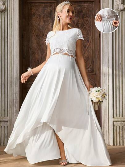 SHEIN طقم فستان أنيق من قطعتين: بلوزة من الدانتيل ذات لون أحادي وتنورة حمل طويلة