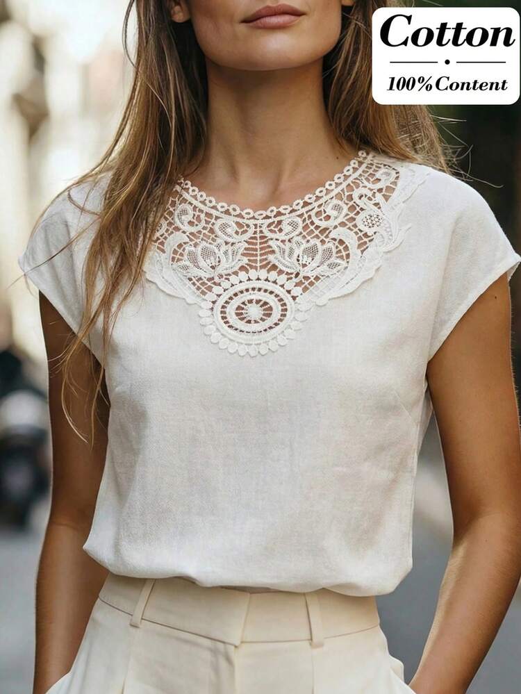 Elegant White  Blouse For Women – Floral Lace Neckline Cap Sleeve Top, Perfect For Summer & Spring, Ideal For Vacation, Beach, Going Out, Casual Daily Wear,Summer Outfits For Women