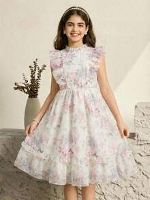 SHEIN 女童经典时尚连衣裙，优雅的编织花卉图案面料，无袖设计，双层褶裥下摆，宽松舒适，适合日常通勤、户外玩耍、郊游、聚会、摄影、婚礼、度假等场合。 - 彩色 - 查看 8