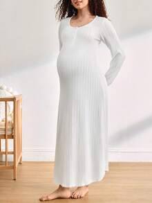 BloomMama Maternity Solid Color Long Sleeve Long Nightgown Loungewear - White - View 4
