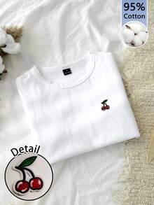 Tseoso Women's Casual Fitted Short Sleeve T-Shirt, 95% Cotton, Cherry Embroidery - Multicolor - View 5